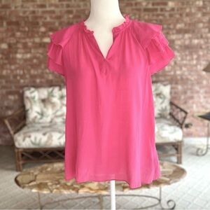 Nanette Lepore Top Pink Gauze Flutter Short Sleeve S V-Neck Dressy Lunch Work
